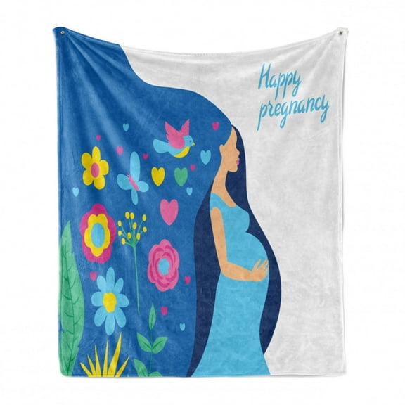 Baby Shower Soft Flannel Fleece Blanket, Happy Pregnancy Lettering with the Mother Baby Shower Birds Butterfly, Cozy Plush for Indoor and Outdoor Use, 70" x 90", Violet Blue Magenta, by Ambesonne