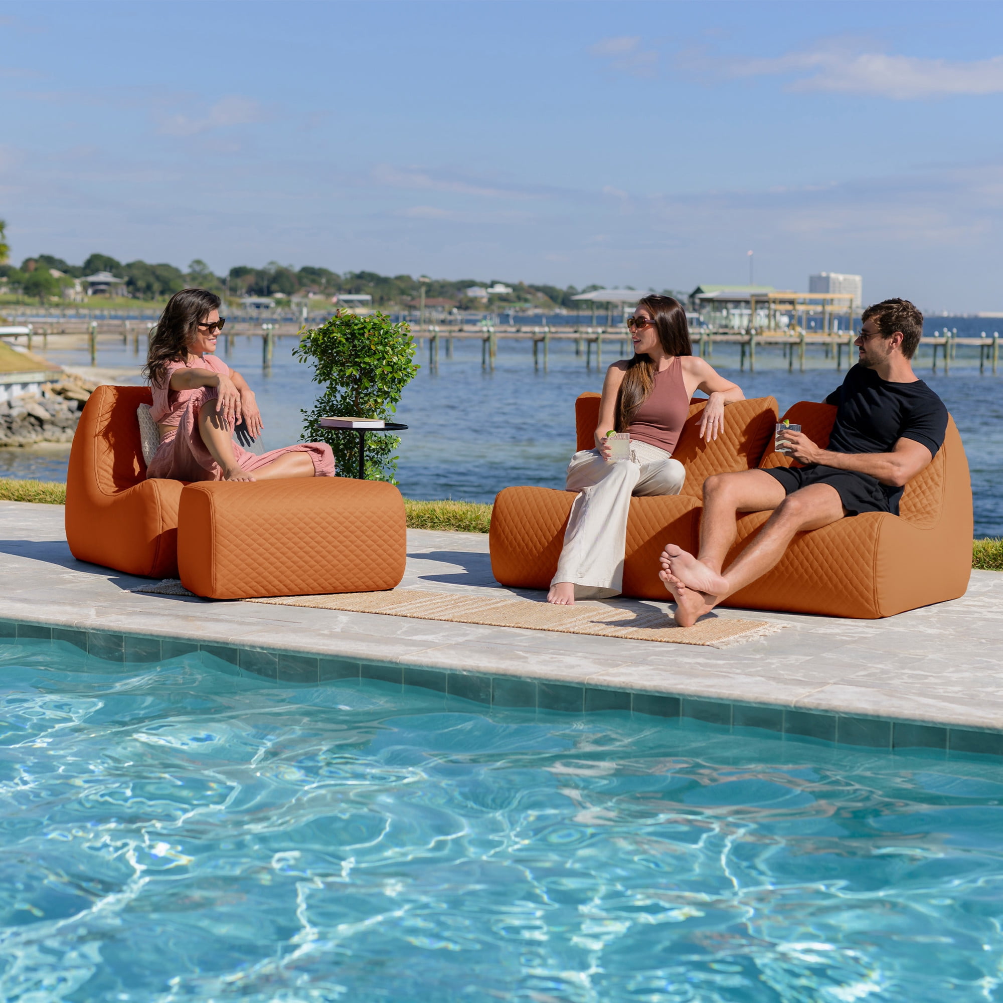 Big Joe Solvana Outdoor Sectional, 4 Piece Patio Furniture Set, Weather-Resistant Cool Touch Silicone Stitched Leather Sofa, Honey Sand