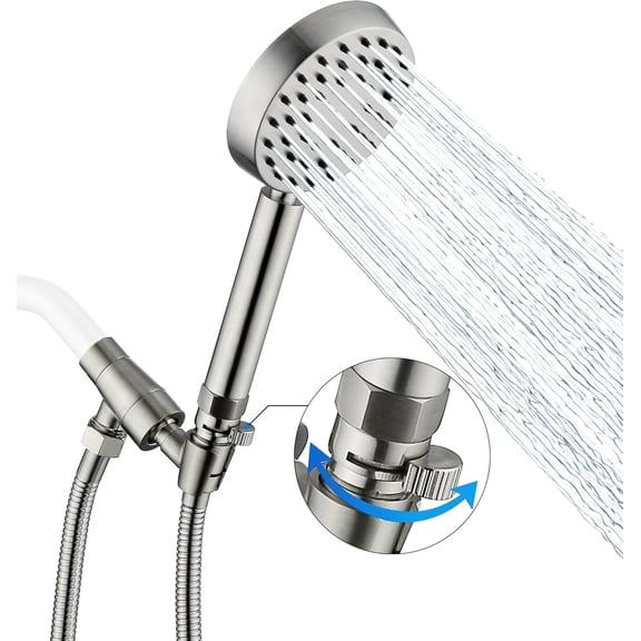 Solid Metal Brushed Nickel Handheld Shower Head With Extra Long Stainless Steel Hose & Water Saving On/Off Pause Valve, Modern Style.