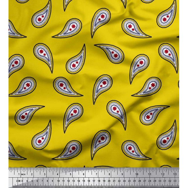 Soimoi Yellow Cotton Duck Fabric Floral & Paisley Printed Fabric 1 Yard 56 Inch Wide