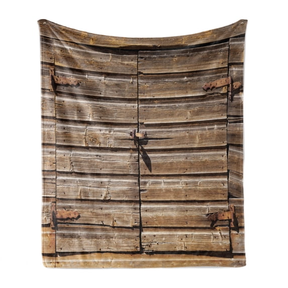 Rustic Soft Flannel Fleece Throw Blanket, Old Wooden Aged Barn Door with Padlock Abandoned Vintage Farmhouse Rural Village Photo, Cozy Plush for Indoor and Outdoor Use, 60" x 80", Brown, by Ambesonne