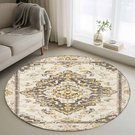 Beige Vintage Boho Round Area Rug 4 FT Non Slip Indoor Outdoor Rug Ethnic Tribal Geometric Abstract Washable Soft Circular Carpet Non-Shedding Floor Mat for Coffee Table Nursery Foyer Balcony