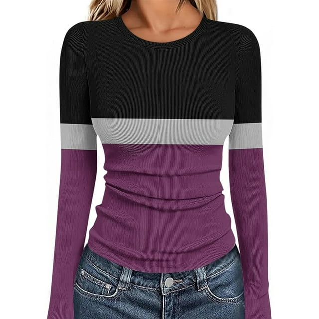 Ailaofu Haut Basique à Manches Longues Côtelé pour Femmes - T-Shirt Col Rond Extensible Doux pour le Travail et les Loisirs