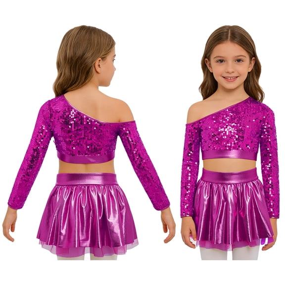TSSOE Girls Kids Hip Hop Jazz Dance Clothes Set Performance Streetwear Sequins Latin Dance Dress Disco Outfit Hot Pink 16