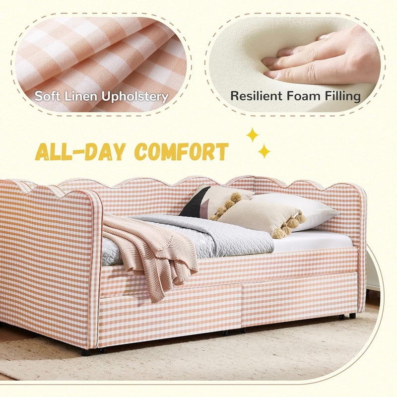 Cozy Full Size Daybed with 2 Storage Drawers and USB Charging Port, Linen Gingham Wave Shaped Sofa Bed for Living Room and Bedroom