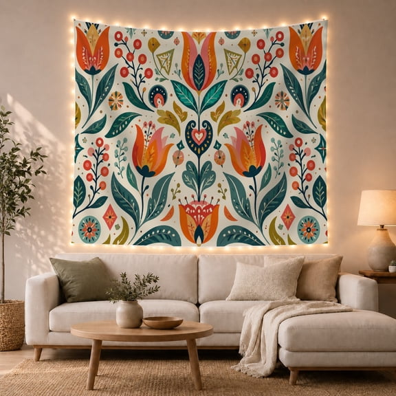 Vibrant Symmetrical Floral Heart & Tulips on Cream Background, Whimsical Folk Art for Flower Lovers, Botanical Wall Decor, Birthday Gift, Tapestry Wall Hanging for Bedroom and Living Room