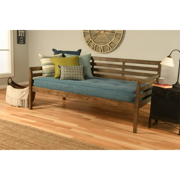 Kodiak Furniture Boho Wood Daybed in Walnut Brown with Linen Aqua Mattress