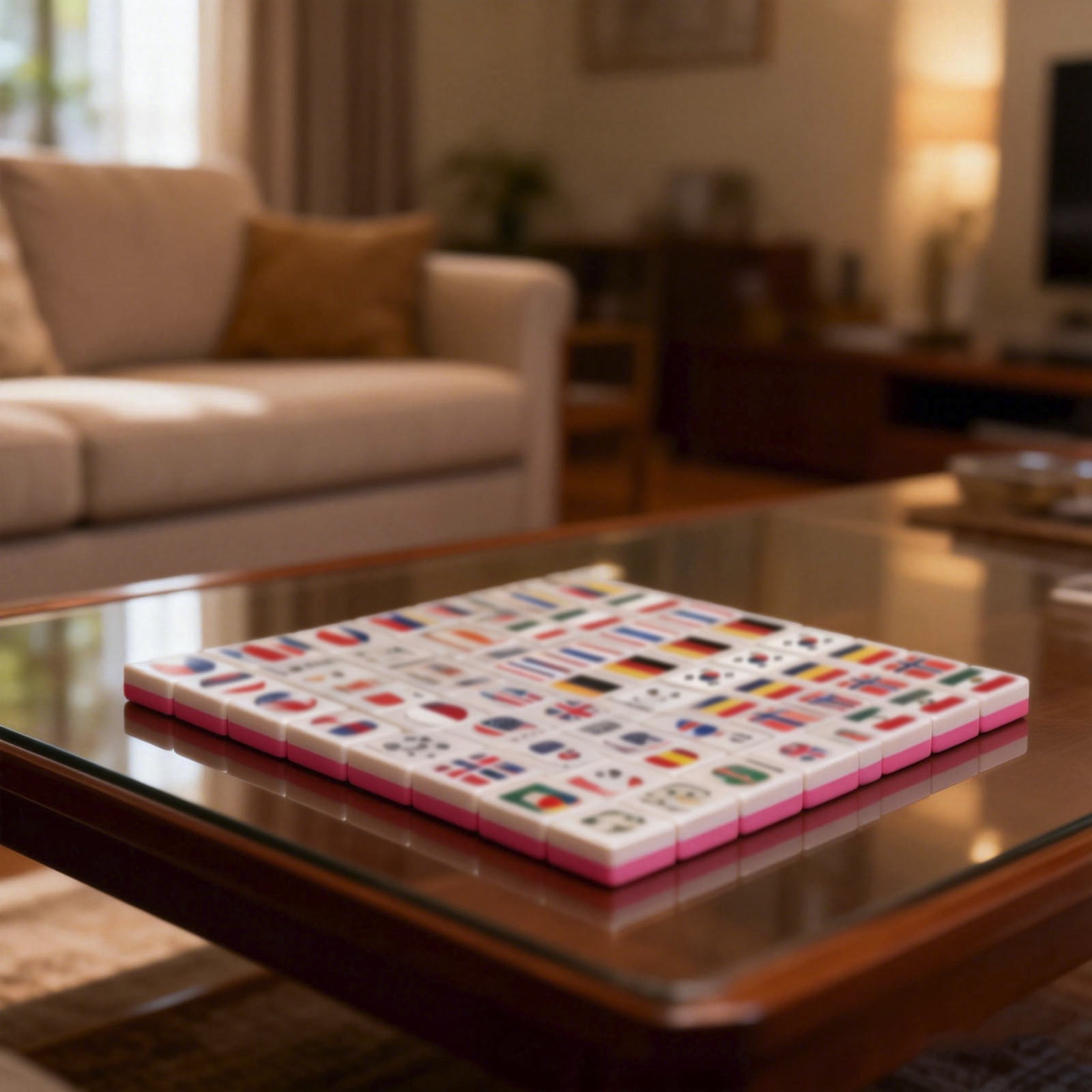 HEWANG Mahjong Block Set, 65 Tiles SeasideEscape Game Blocks, Seaside Escapes Game, Portable Travel Mahj- Tiles, National Flag Mahjong Tile Set, for Travel Picnic Spring Gathering