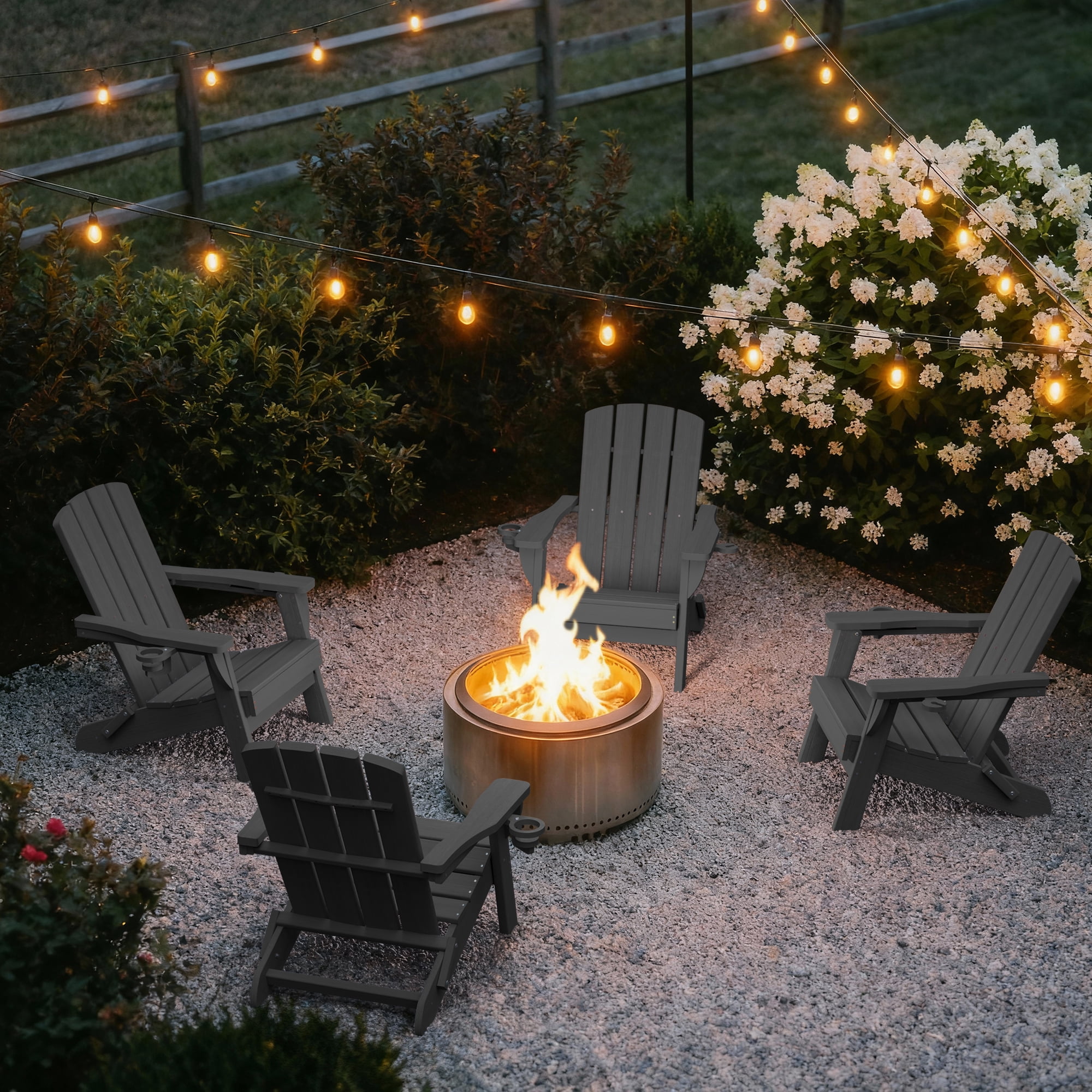 SUUNYN Folding Adirondack Chair, HDPE All-Weather Fire Pit Chairs, Plastic Adirondack Chairs with 2 Cup Holder, Grey