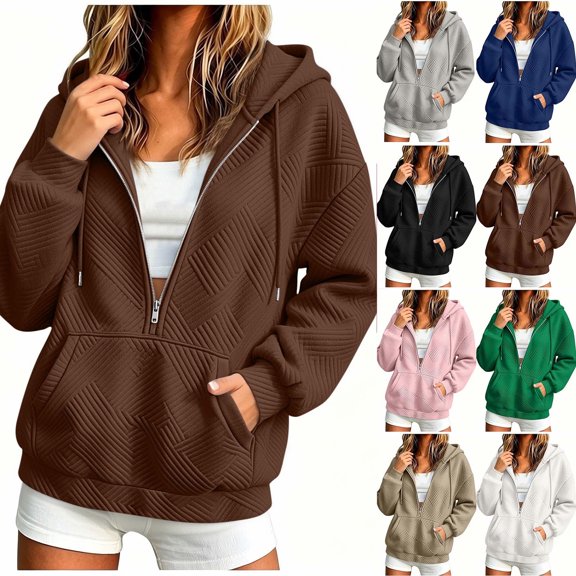 Chiccall Women's Quilted Texture Half Zip Hoodie Sweatshirt, Drawstring Hood Oversized Long Sleeve Loose Casual Pullover Jacket