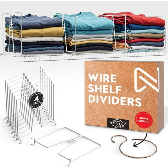 shiyou-Tall White Wire Shelf Dividers for Closet Organization – Sturdy and Easy Set-Up Closet Shelf Dividers with Bonus Rose Gold Hange (12 inch Wire Shelves, 4-Pack)
