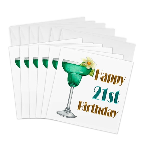3drose, Green and Image of Gold Happy 21st Birthday with a Cocktail, 6 Greeting Cards with Envelopes