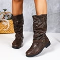 thumbnail image 2 of Slouchy Mid Calf Boots for Women Vintage Leather Wide Calf Round Toe Casual Low Heel Pull on Riding Booties, 2 of 6