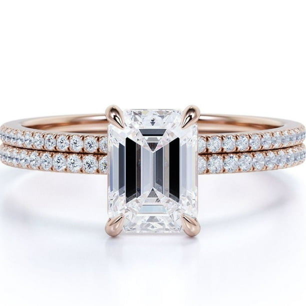 JeenMata Anillo Nupcial con Engaste de 4 Puntas, Cuerpo Pavé de Talla Esmeralda de 1,5 Quilates, Engastado en Oro Rosa de 18 K sobre Plata
