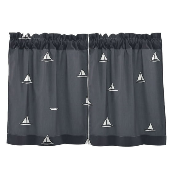Dark Blue Sailboats 27"x24" Linen Look Cafe Curtain Set with Privacy and UV Protection