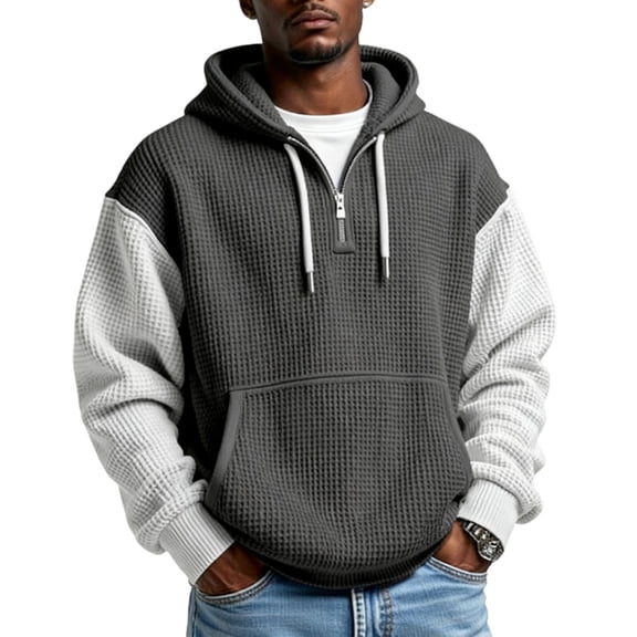 UQJfacai Mens Hoodies Quarter Zip Pullover Casaul Color Block Long Sleeve Drawstring Waffle Knit Hooded Sweatshirt with Pocket