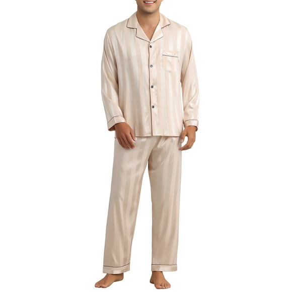 INSPIRAR CHIC Conjunto de Pijamas Casuales de Satén de Manga Larga a Rayas de 2 Piezas para Hombre 2XL Champagne