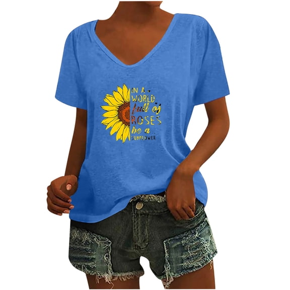 Wycnly Cute Tops for Women Sunflower Print V-Neck Short Sleeve T shirts Summer Fashion Plus Size Breathable Comfy Ladies Tee Blouses Blue S Clearance Under $5