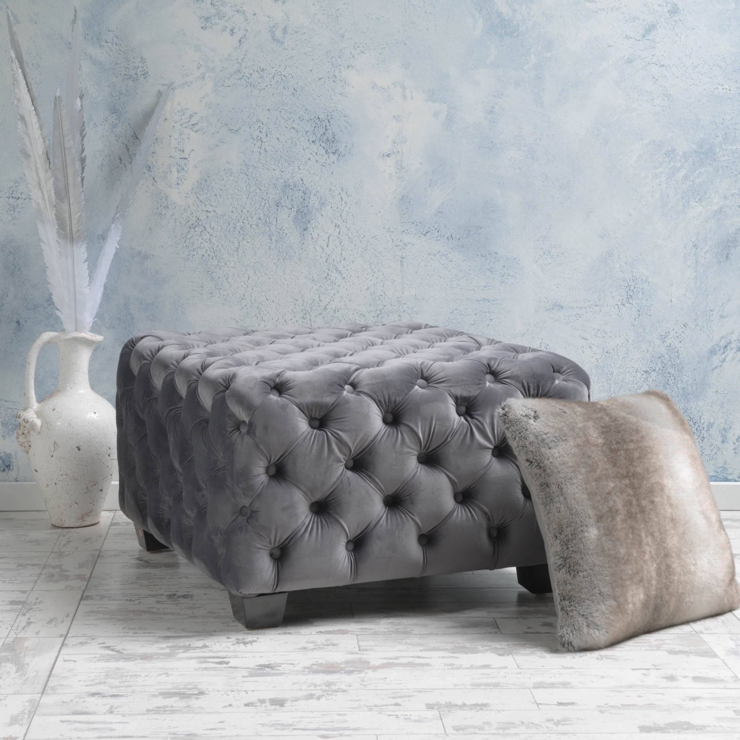 Noble House James Square Velvet Ottoman, Grey