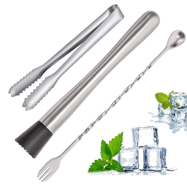 Muddler de cóctel de acero inoxidable de 10 pulgadas y cuchara mezcladora, 3 piezas de herramientas de bar para el hogar Juego de barman para cócteles Mojitos Bebidas de frutas heladas ShuxiuWang 1327533076951