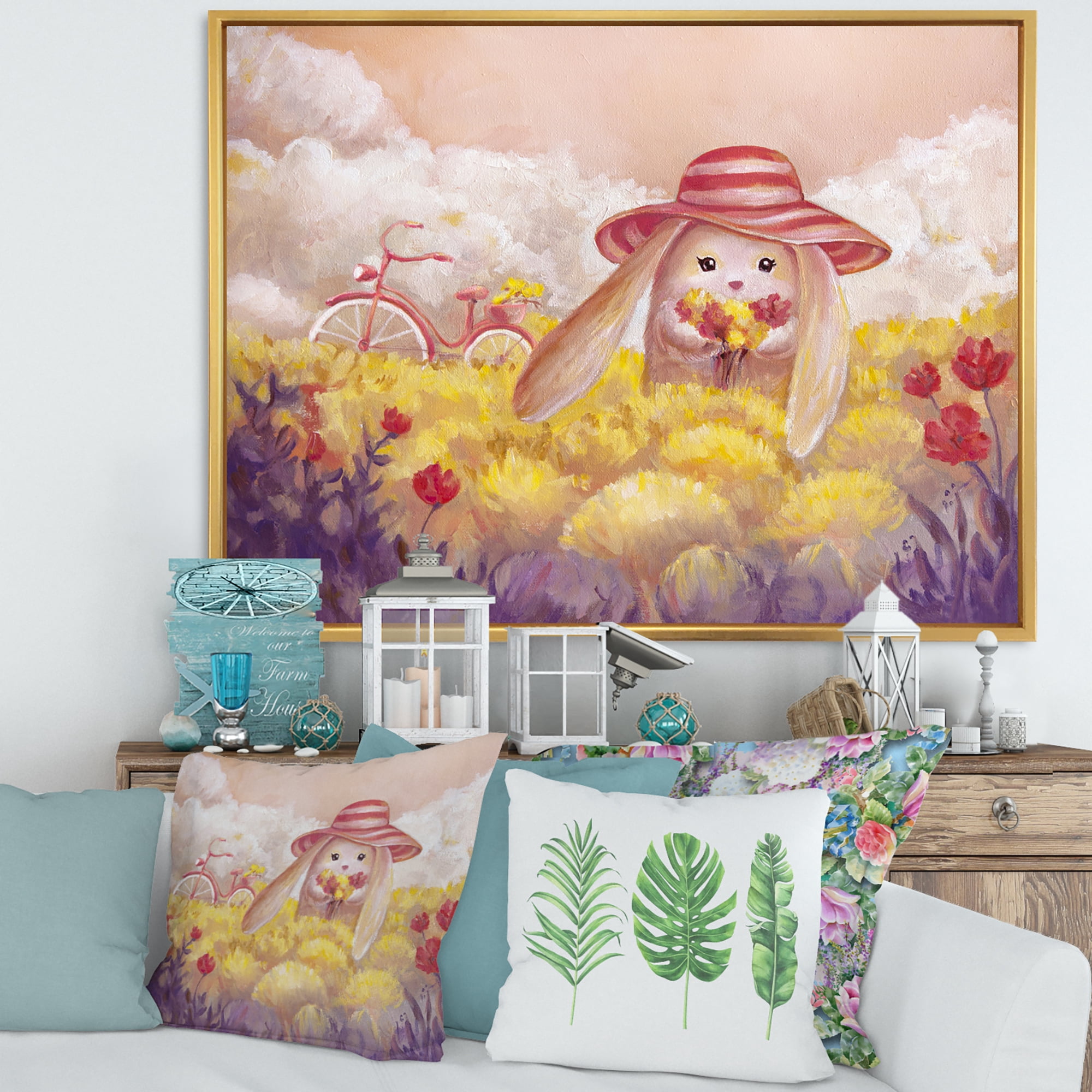 Designart 'Little Bunny With Yellow Flowers' Traditional Framed Canvas Wall Art Print