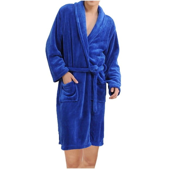 Women Men Flannel Dressing Gown Full Length Robes Plus Size Fleece Long Robe Winter Warm Bathrobe, Unisex Solid Color Fuzzy Robe Hood Pajamas Plush Bath Wrap Velvet Loungewear Dark Blue M