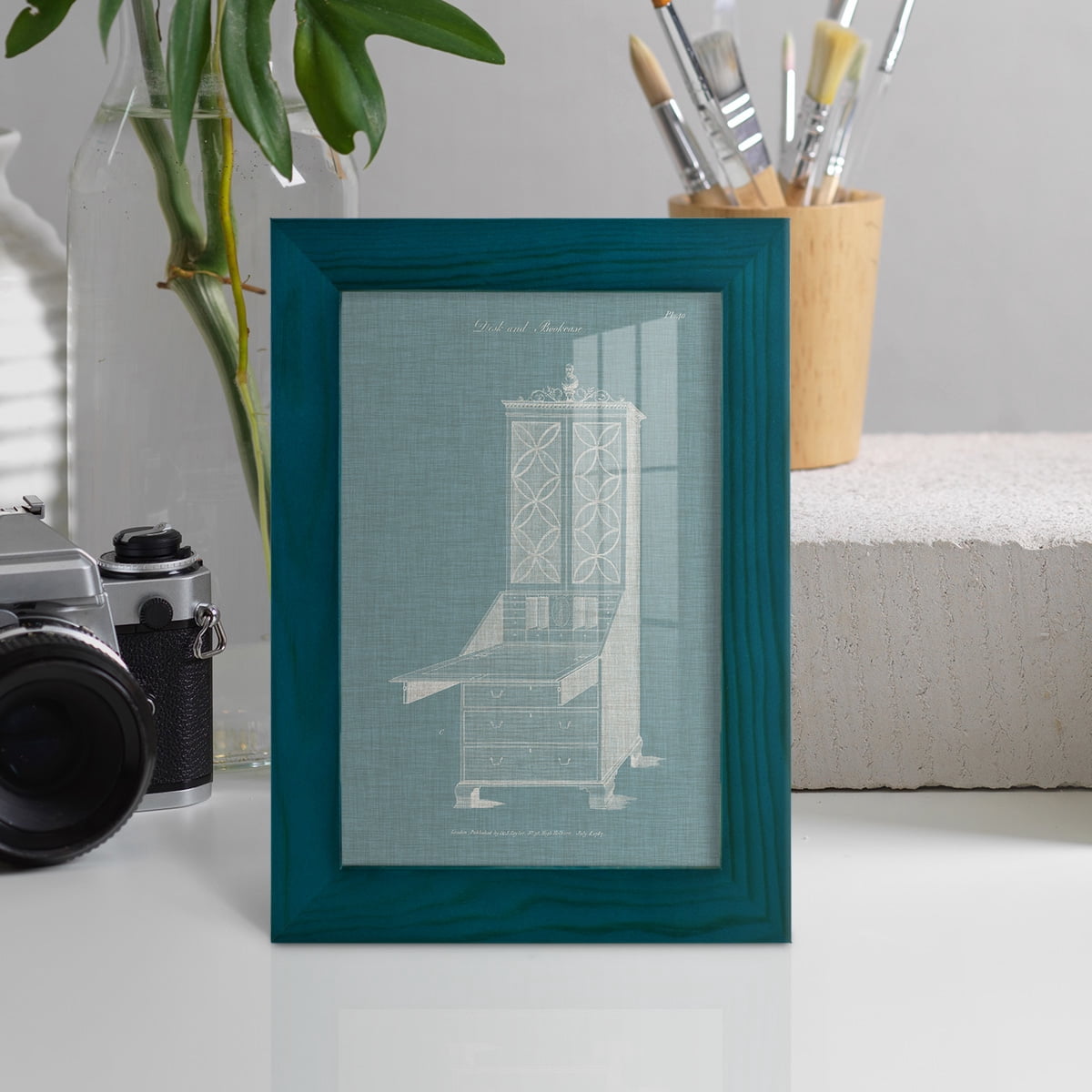 Hepplewhite Desk & Bookcase II - Framed Print w/glass - Ocean Blue