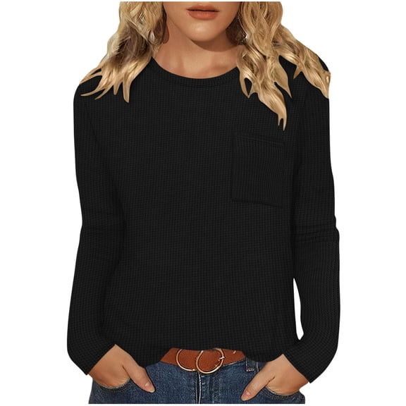 Maplenight Long Sleeve Shirts for Women Waffle Crew Neck Shirts Womens Fall Tops with Pocket Dressy Casual Blouses Teacher Outfits