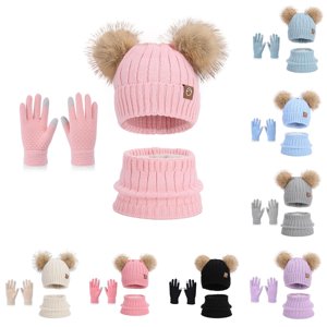 QTSHPN 3PCS Kids Winter Hat Winter Knitted Scarf Winter Gloves Set Kids Knit Hat with Ear Warm Scarf Boys Girls Kids Winter Hat Gloves Scarf Set