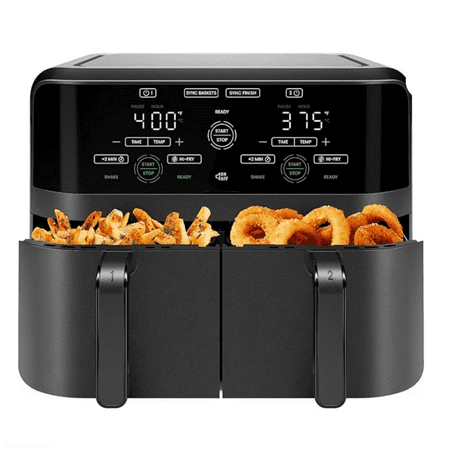 6 Quart Dual Basket Air Fryer - Digital Touchscreen, Smart Sync Finish, Hi-Fry, Auto Shutoff, 2 Independent 3QT Nonstick Dishwasher-Safe Frying Baskets - Digital Double Air Fryer - Black