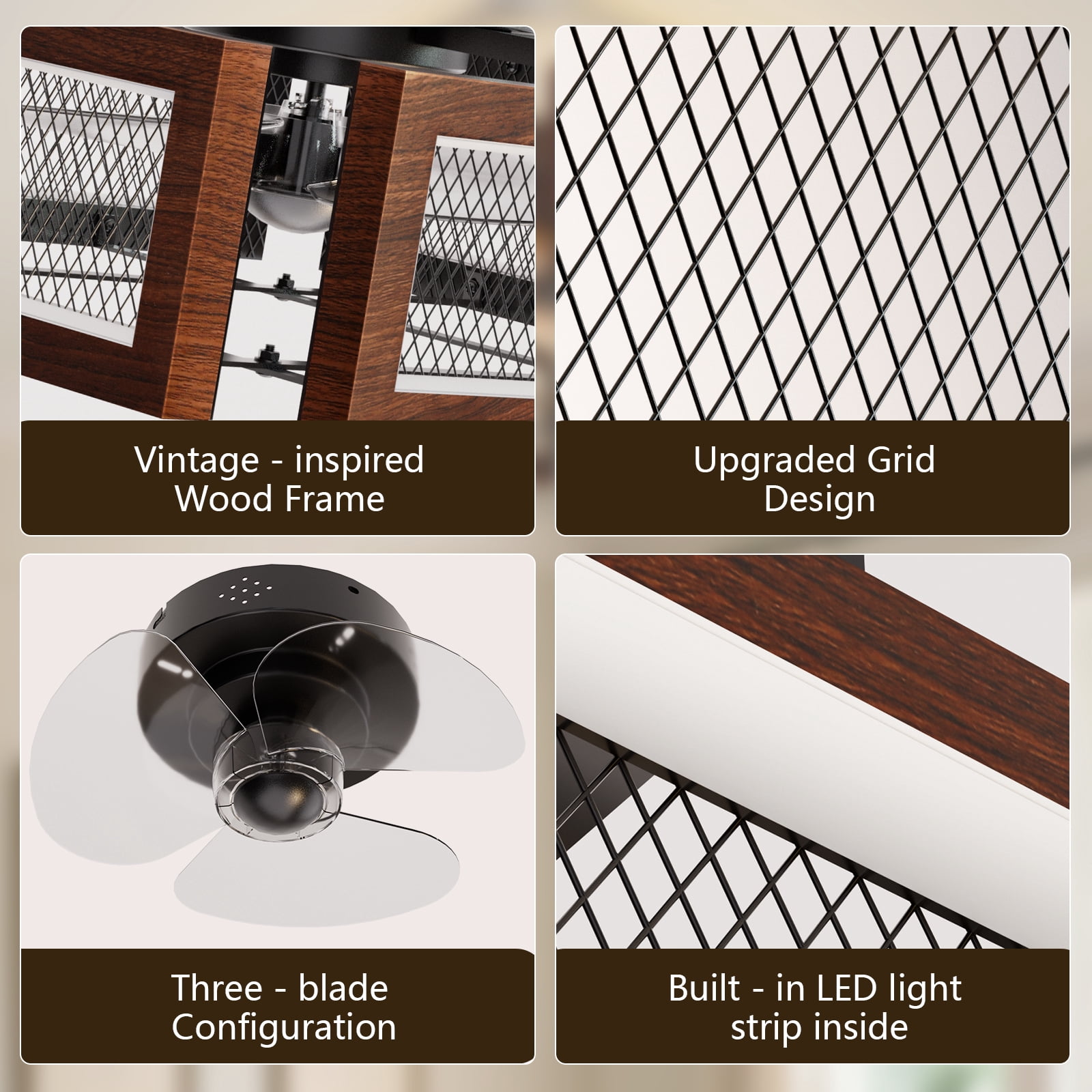 18.9”Wood Grain Brown Square Ceiling Fan with LED Light and Remote Control