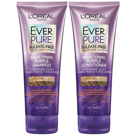 L'Oreal Paris EverPure Sulfate Free Brass Toning Purple Shampoo and Conditioner Kit for Blonde, Bleached, Silver, or Brown Highlighted Hair, 1 kit Shampoo & Conditioner set NEW