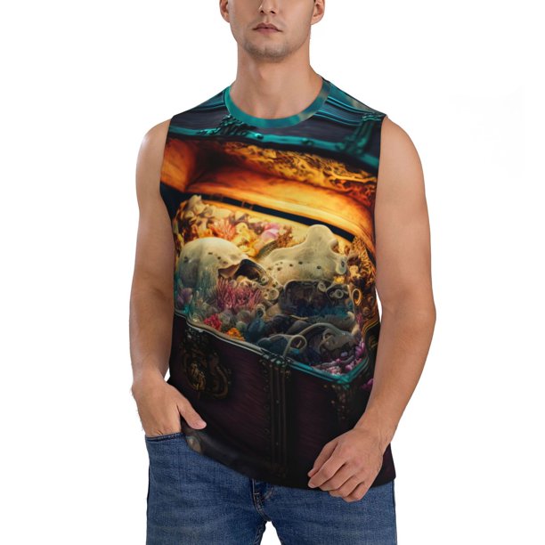 Fotbe Underwater Treasure Chest Men's Camiseta sin Mangas Estampada para Hombres, Playera Casual para Gimnasio, Entrenamiento, Playa-X-Large