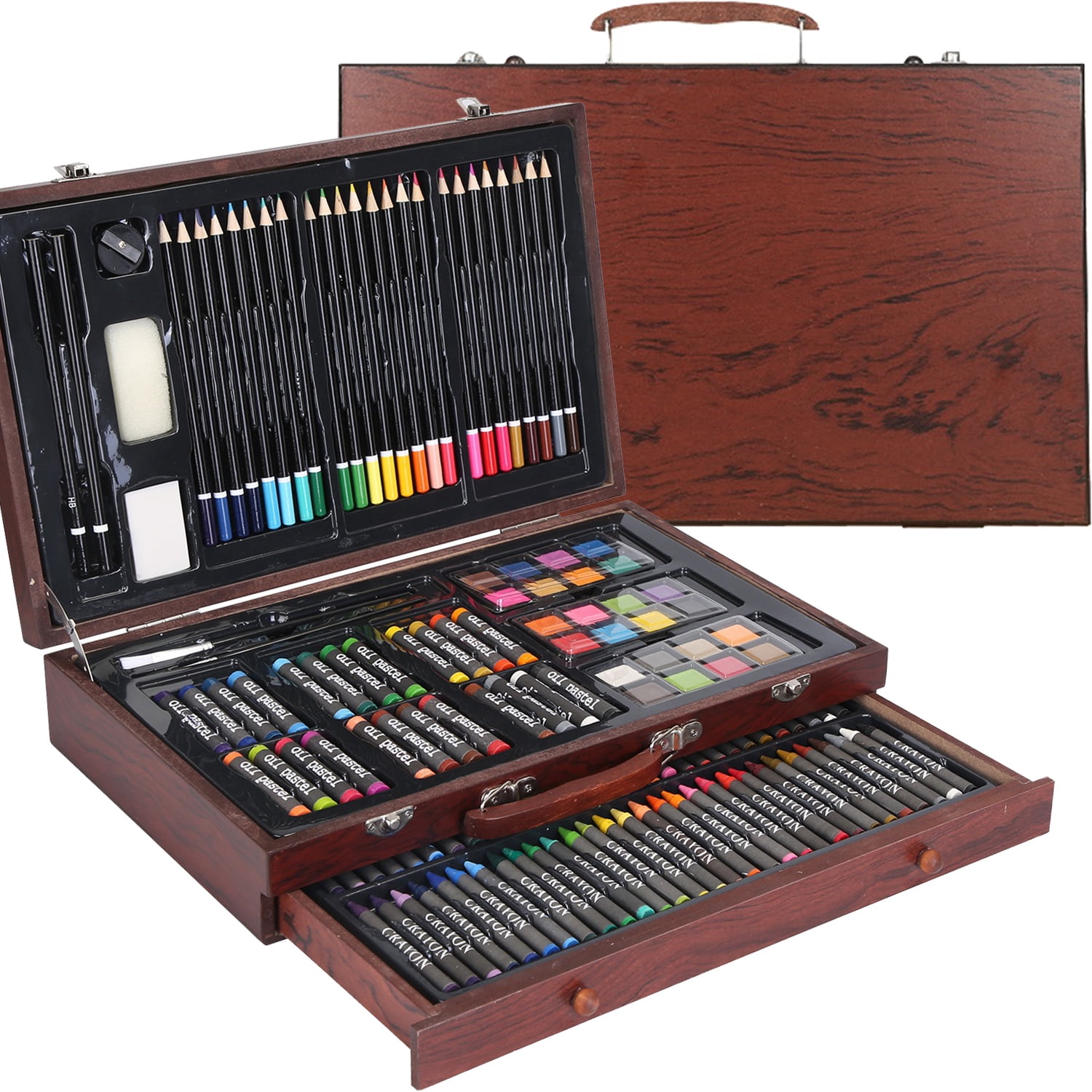 140Pcs Painting Drawing Art Kit in Wooden Box with Drawer Art Set for Adults Teens Kids Premium Art Supplies Includes Watercolors Oil Pastels Crayons & More
