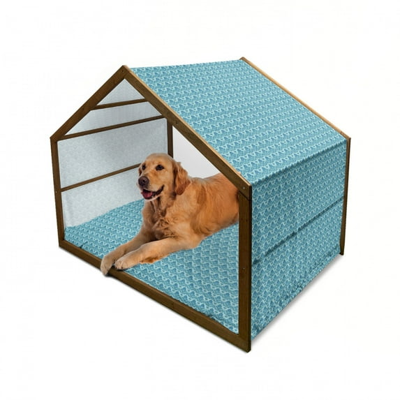 Damask Pet House, Blue Colored Pattern with Western Style Tile Revival Flourish Baroque Influences, Outdoor & Indoor Portable Dog Kennel with Pillow and Cover, 5 Sizes, Blue Seafoam, by Ambesonne