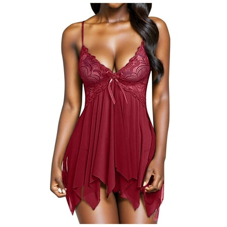 Ierhent Lingerie for Women Lace Halter Chemise V Neck Nightgown Sexy Sleepwear Nightdress(RD1 L)