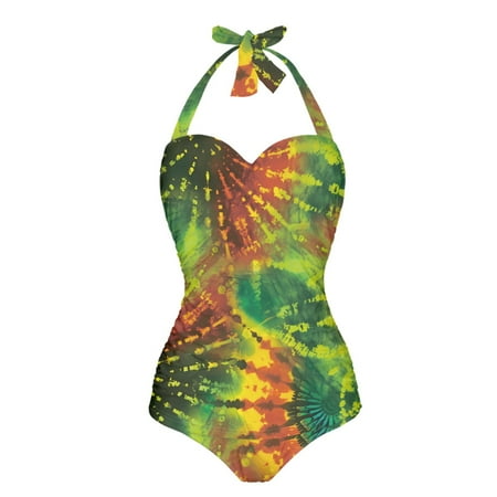 FKELYI Tie Dye Jamaican Flag Print Women Swimsuits One Piece Bikini Swimwear Halter Bathing Suits with Soft Pad Polyester Beachwear Tummy Control Monokini for Ladies Summer Vacation  M