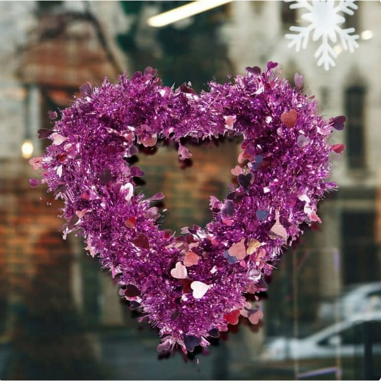 Valentine Heart Shaped Wreaths Purple Tinsel Heart Shaped Wreaths with Foil  Hearts Love Hanging for Valentine's Day Wedding Front Door Wall Window