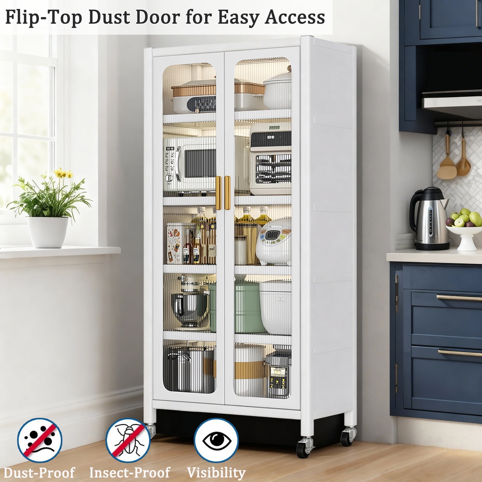 65" Kitchen Pantry Storage Cabinet, 6 Tier Metal Display Storage Cabinet with Transparent Door, Adjustable Shelves & Wheels, Food Pantries Cabinets, for Kitchen, Living Room and Dining Room, White