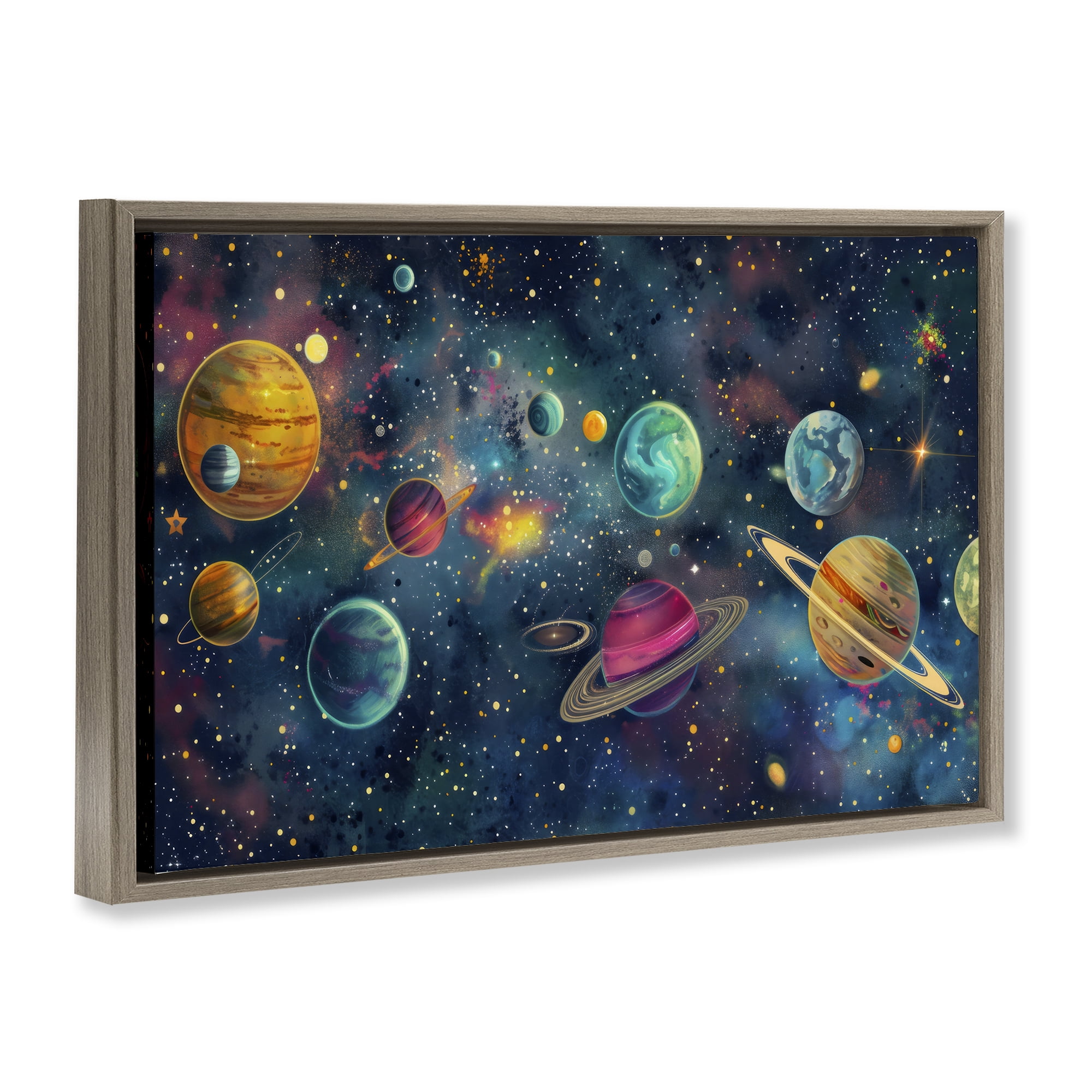 Stupell Industries Celestial Planetary Parade Brown Framed Floater Canvas Wall Art, design by Creative Studio