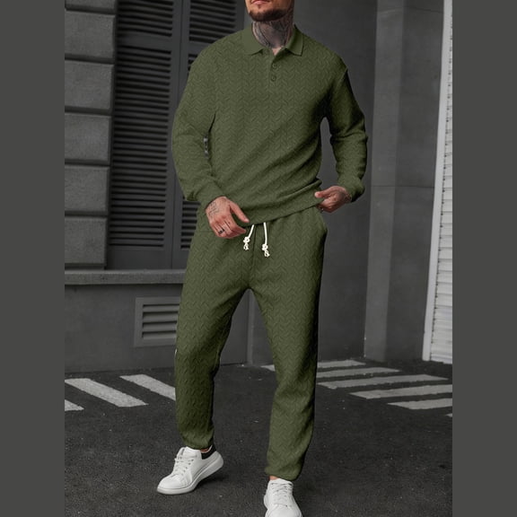 YueHuiYing Men's Solid-Color Casual Loose Sports Corduroy Pocket Drawstring Long Pants Button Long Sleeve Turndown Collar Top Sets