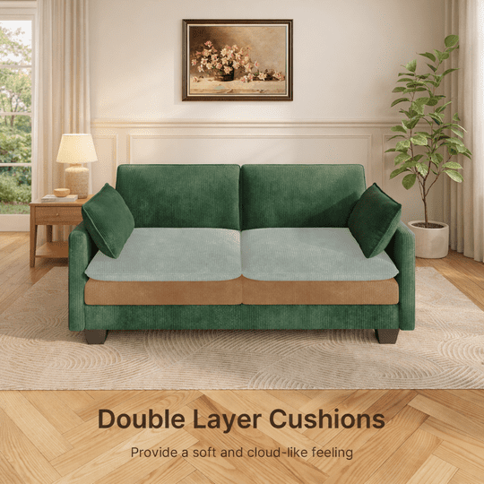 Aiho 75" L Loveseat Sofa, Comfy Corduroy Fluffy Couch with Deep Seat with Double Layer Cushions for Living Room, Apartment, Bedroom, Bedroom - Green