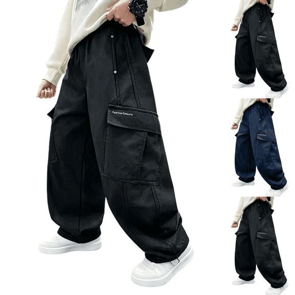 Sentuca Cargo Pants for Boys Baggy Wide Leg Pants with Pockets Casual Loose Fit Elastic Waist Kids Trousers Size 5Y, Black