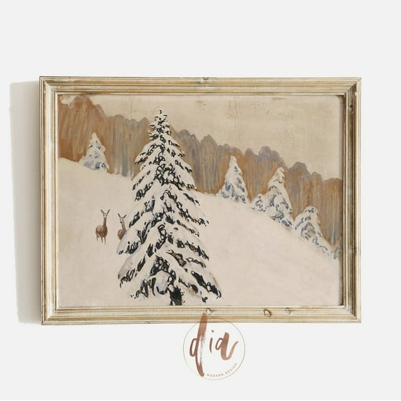 Vintage Winter Landscape Painting, Snow Covered Trees With Deer In Field, Horizontal Print, Antique Winter Painting Wall Art, Modern Wall Decor, 8x12 UNFRAMED
