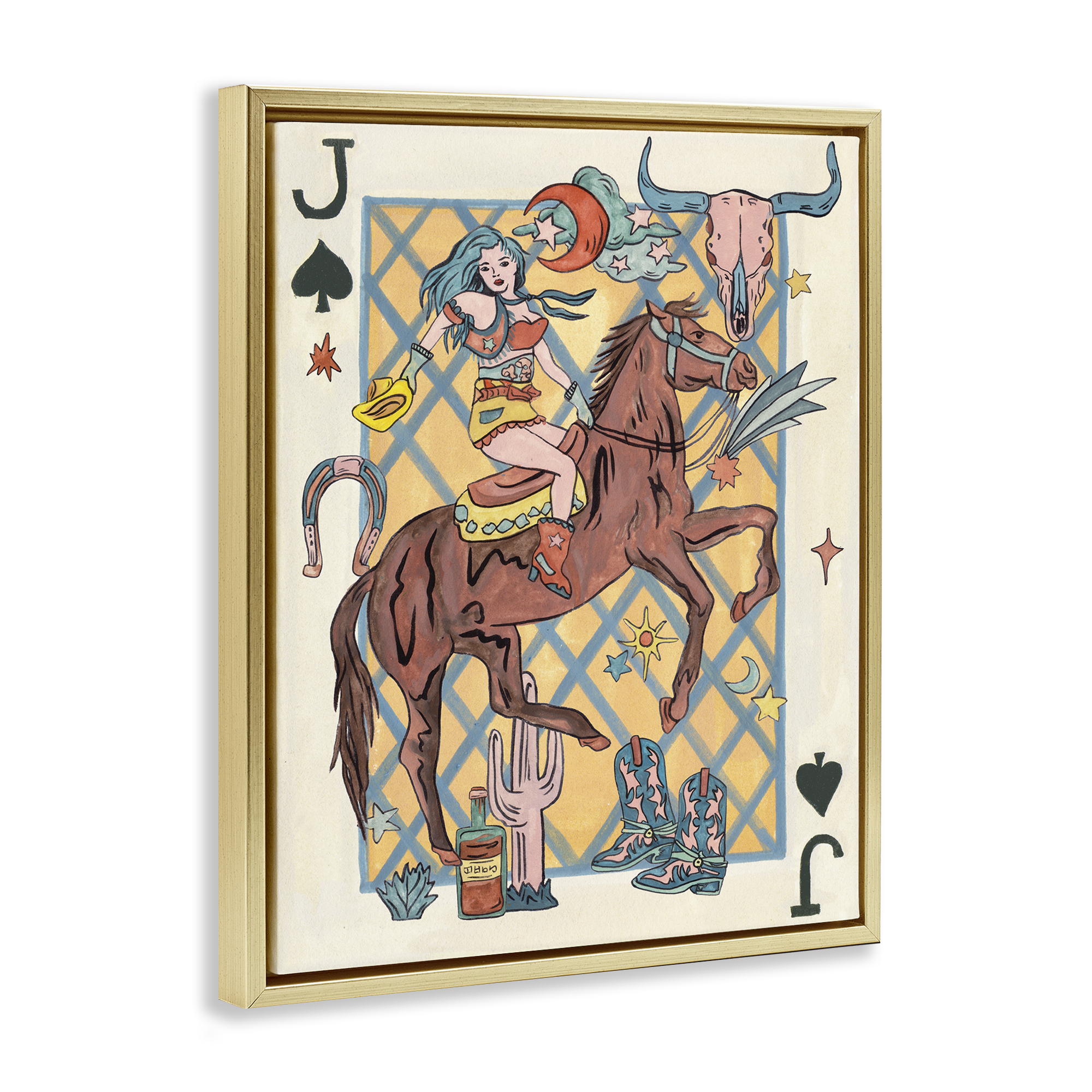 Stupell Industries Western Cowgirl Playing Card Entertainment Painting Gold Floater Framed Canvas Art Print Wall Art, 25 x 31