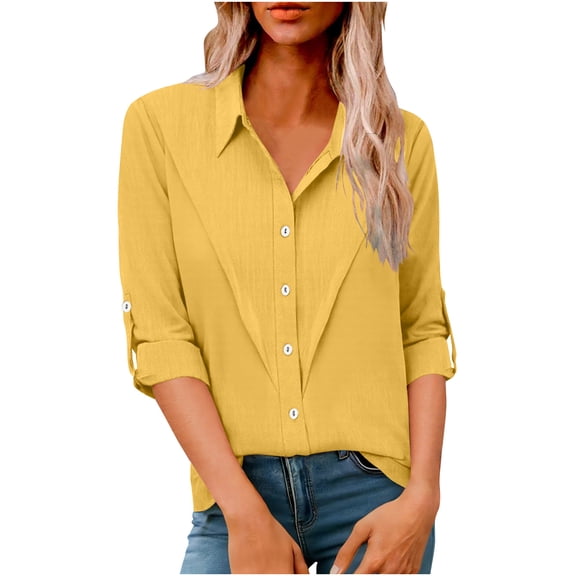 Ymauqau Women's Plus Size Tops Long Sleeve Collared Pleated Patchwork Button down Shirts Business Casual Blouses
