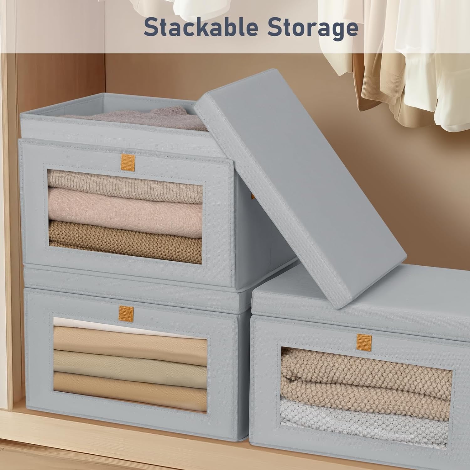 Closet Storage Organizer, 4 Pack Clothes Storage Bins with Handles & Window, Collapsible Fabric Containers, Gray
