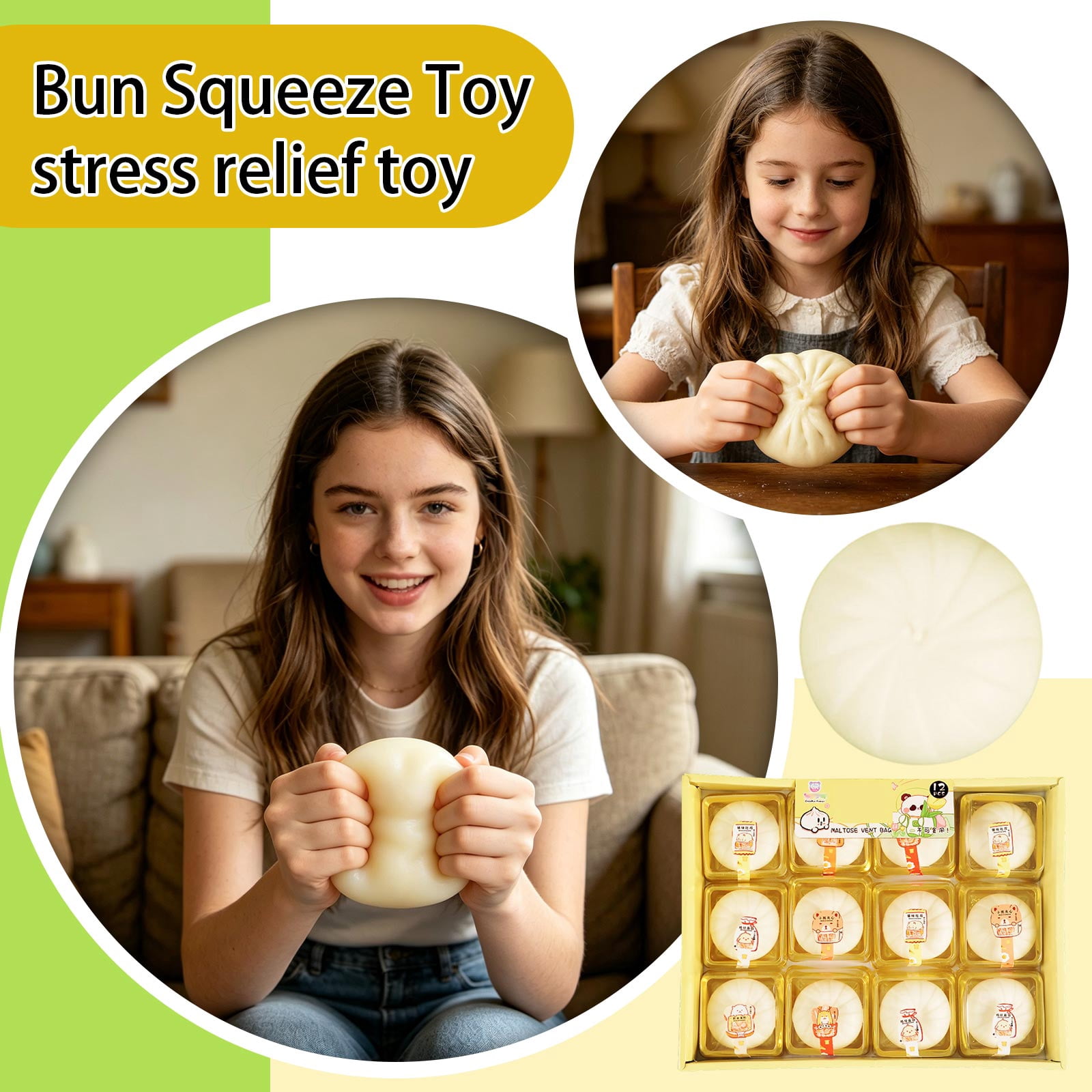 12pc Giant Steamed Bun Squishy Maltose Slow Rising Squishy Viral Bao Bun Stress Ball,Soft Gel Filled Bulk Fidget Anxiety Calming Mystery Pack for Adult Office Desk，As Show