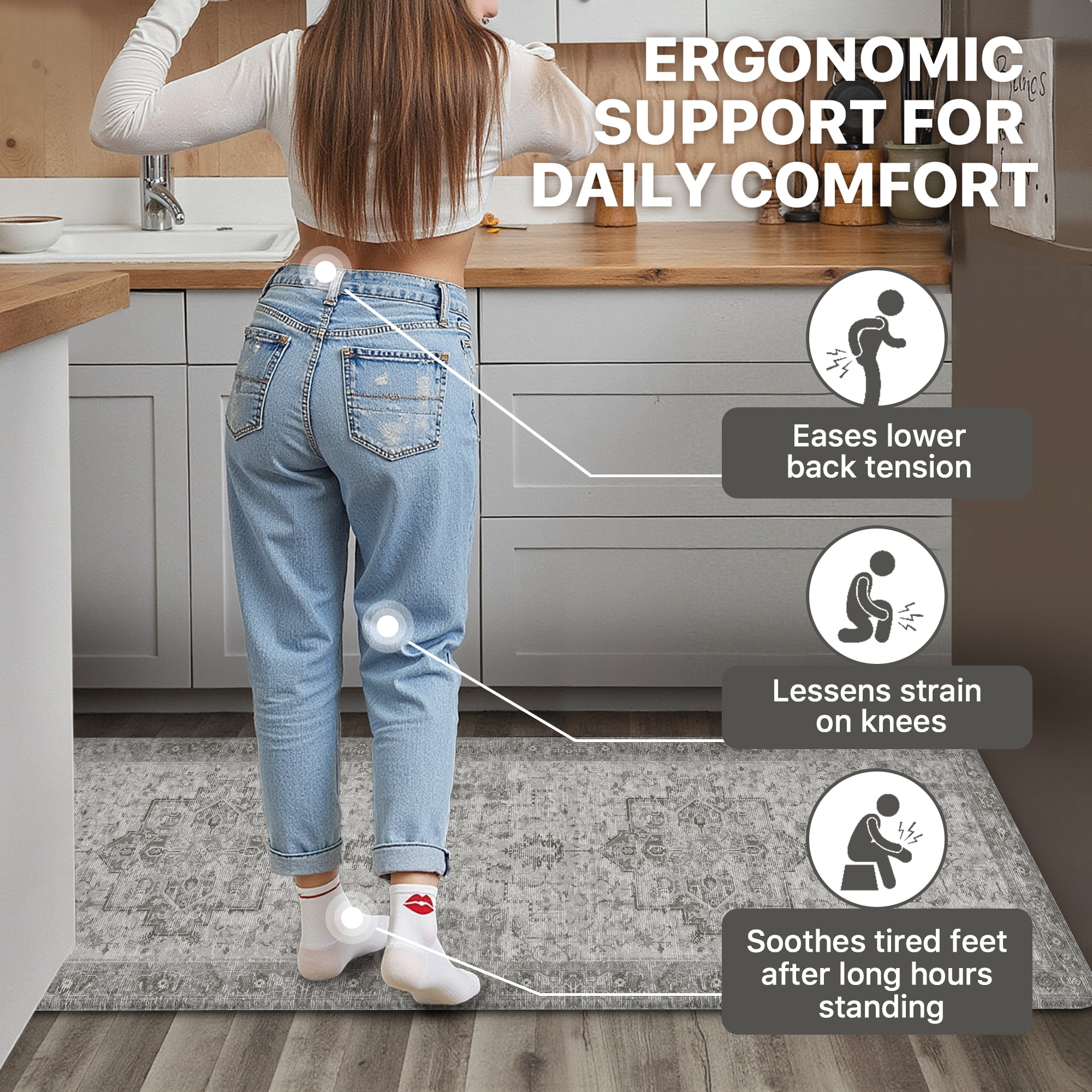 KUETH Kitchen Mats for Floor, Kitchen Rug with Anti Fatigue, Non Slip Washable Kitchen Rug, Set of 2 Kitchen Mat 17"x59"+17"x30", Runner Rug with Waterproof for Bathroon and Bedroom