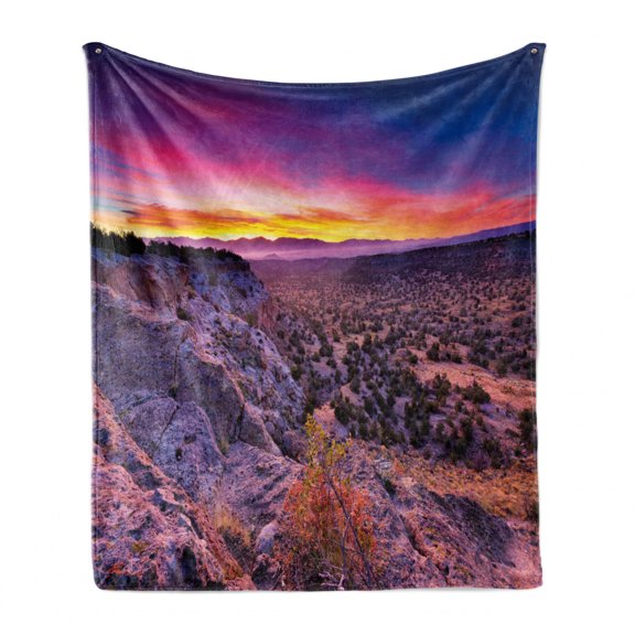 Nature Soft Flannel Fleece Blanket, Surreal Sunrise Sky Horizon over the Mountain Valley National Monument Dusk Print, Cozy Plush for Indoor and Outdoor Use, 70" x 90", Purple Blue, by Ambesonne